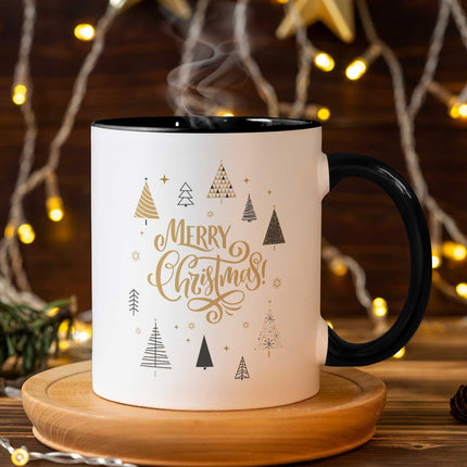 SEO. Bedruckte Tasse mit Weihnachtsmotiv im Weihnachtsbäume Design - Weiß Linkreich