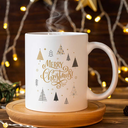 SEO. Bedruckte Tasse mit Weihnachtsmotiv im Weihnachtsbäume Design - Weiß Linkreich