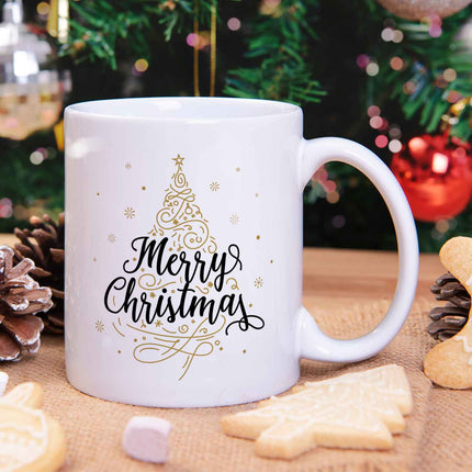 SEO. Bedruckte Tasse mit Weihnachtsmotiv im Weihnachtsbaum Design - Weiß Linkreich