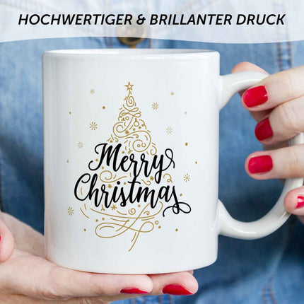 SEO. Bedruckte Tasse mit Weihnachtsmotiv im Weihnachtsbaum Design - Weiß Linkreich