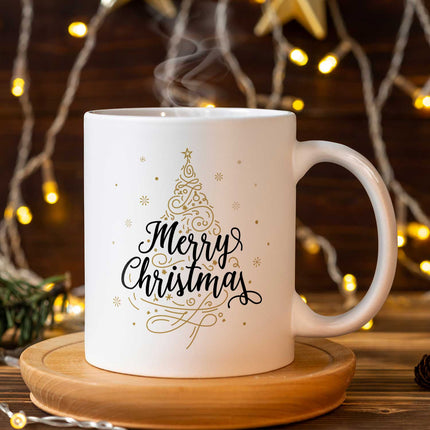 SEO. Bedruckte Tasse mit Weihnachtsmotiv im Weihnachtsbaum Design - Weiß Linkreich