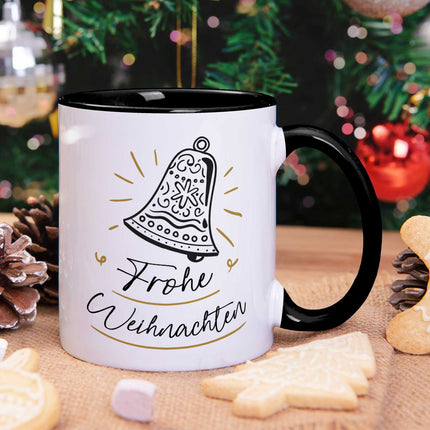 SEO. Bedruckte Tasse mit Weihnachtsmotiv im Weihnachtsglocke Design - Schwarz & Weiß Linkreich