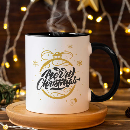 SEO. Bedruckte Tasse mit Weihnachtsmotiv im Weihnachtskugel Gold Design - Weiß Linkreich