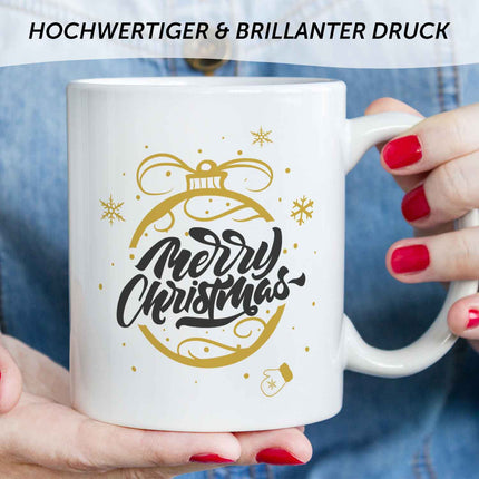SEO. Bedruckte Tasse mit Weihnachtsmotiv im Weihnachtskugel Gold Design - Weiß Linkreich