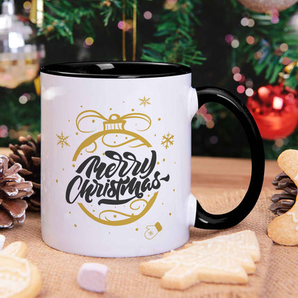 SEO. Bedruckte Tasse mit Weihnachtsmotiv im Weihnachtskugel Gold Design - Schwarz & Weiß Linkreich