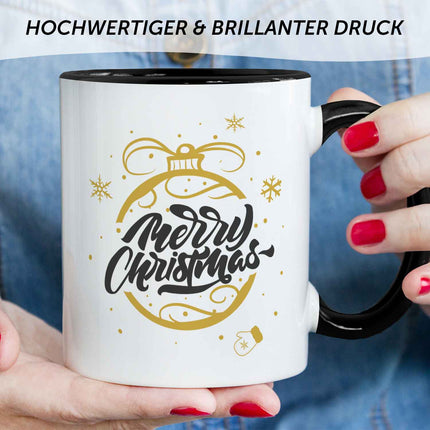 SEO. Bedruckte Tasse mit Weihnachtsmotiv im Weihnachtskugel Gold Design - Schwarz & Weiß Linkreich