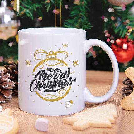 SEO. Bedruckte Tasse mit Weihnachtsmotiv im Weihnachtskugel Gold Design - Weiß Linkreich