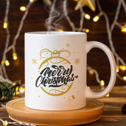 SEO. Bedruckte Tasse mit Weihnachtsmotiv im Weihnachtskugel Gold Design - Weiß Linkreich