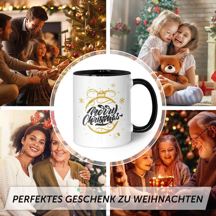 SEO. Bedruckte Tasse mit Weihnachtsmotiv im Weihnachtskugel Gold Design - Schwarz & Weiß Linkreich