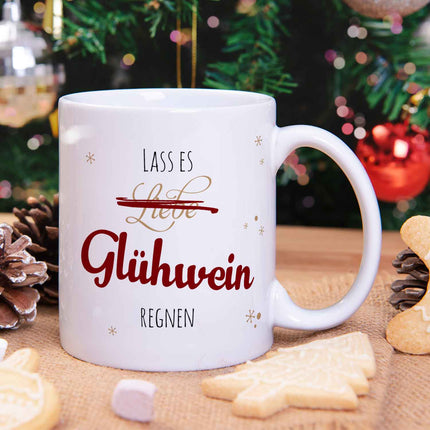 SEO. Bedruckte Tasse mit Weihnachtsmotiv - Lass es Glühwein regnen - Weiß Linkreich