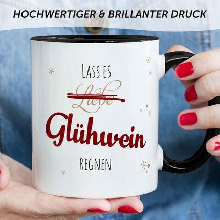SEO. Bedruckte Tasse mit Weihnachtsmotiv - Lass es Glühwein regnen - Schwarz & Weiß Linkreich