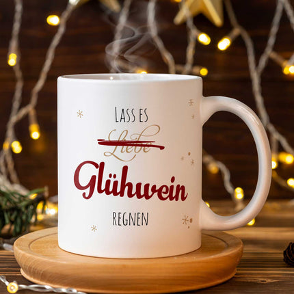 SEO. Bedruckte Tasse mit Weihnachtsmotiv - Lass es Glühwein regnen - Weiß Linkreich