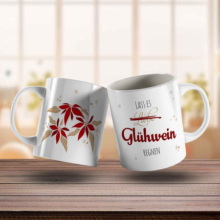 SEO. Bedruckte Tasse mit Weihnachtsmotiv - Lass es Glühwein regnen - Weiß Linkreich