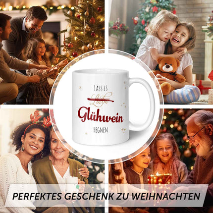 SEO. Bedruckte Tasse mit Weihnachtsmotiv - Lass es Glühwein regnen - Weiß Linkreich