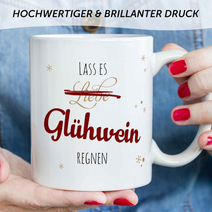 SEO. Bedruckte Tasse mit Weihnachtsmotiv - Lass es Glühwein regnen - Weiß Linkreich