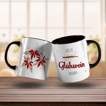 SEO. Bedruckte Tasse mit Weihnachtsmotiv - Lass es Glühwein regnen - Schwarz & Weiß Linkreich