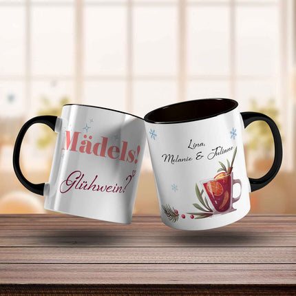 SEO. Bedruckte Tasse mit Weihnachtsmotiv - Mädels Glühwein mit Namen - Schwarz & Weiß Linkreich