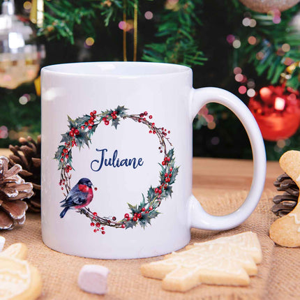 SEO. Bedruckte Tasse mit Weihnachtsmotiv - Weihnachtskranz - Weiß Linkreich