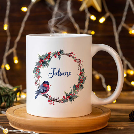 SEO. Bedruckte Tasse mit Weihnachtsmotiv - Weihnachtskranz - Weiß Linkreich