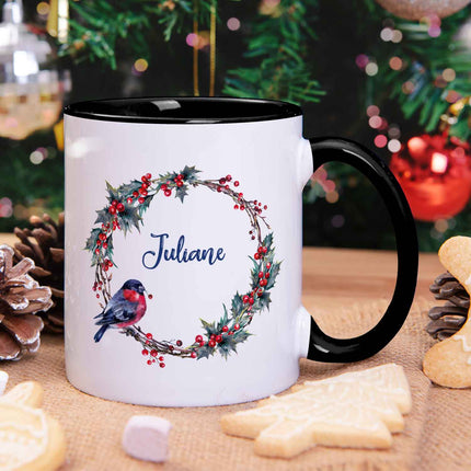 SEO. Bedruckte Tasse mit Weihnachtsmotiv - Weihnachtskranz - Schwarz & Weiß Linkreich