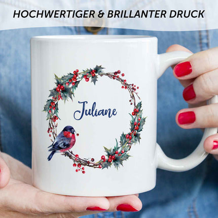 SEO. Bedruckte Tasse mit Weihnachtsmotiv - Weihnachtskranz - Weiß Linkreich
