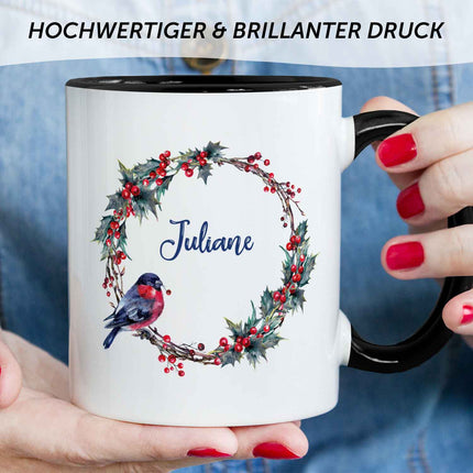 SEO. Bedruckte Tasse mit Weihnachtsmotiv - Weihnachtskranz - Schwarz & Weiß Linkreich