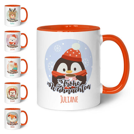 SEO. Bedruckte Tasse mit Weihnachtsmotiv - Weihnachtstiere mit Name - Orange Linkreich