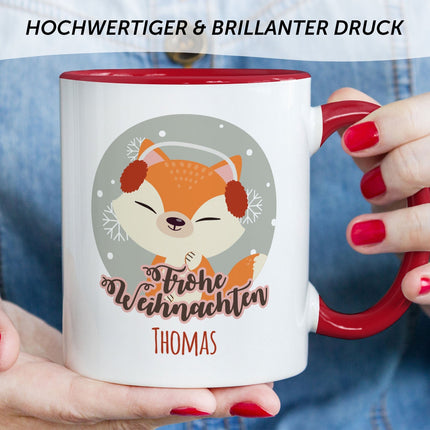 SEO. Bedruckte Tasse mit Weihnachtsmotiv - Weihnachtstiere mit Name - Weiß Linkreich