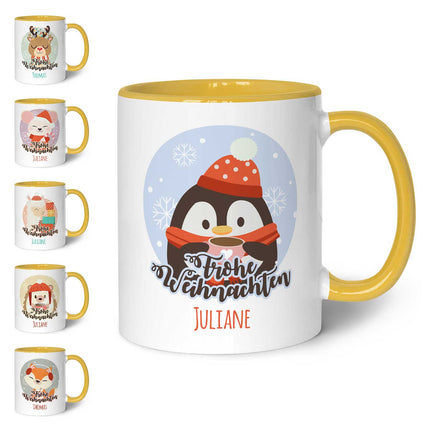 SEO. Bedruckte Tasse mit Weihnachtsmotiv - Weihnachtstiere mit Name - Gelb Linkreich