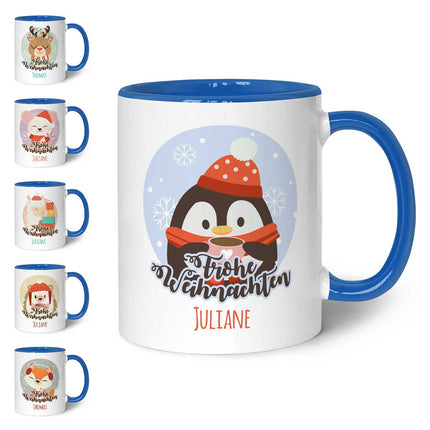 SEO. Bedruckte Tasse mit Weihnachtsmotiv - Weihnachtstiere mit Name - Blau Linkreich