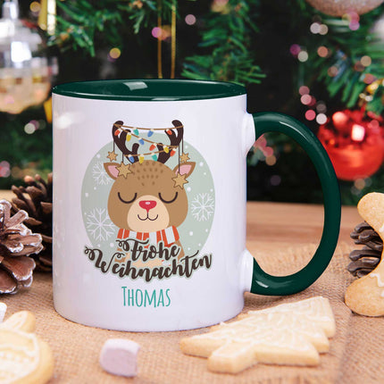 SEO. Bedruckte Tasse mit Weihnachtsmotiv - Weihnachtstiere mit Name - Weiß Linkreich