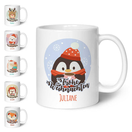 SEO. Bedruckte Tasse mit Weihnachtsmotiv - Weihnachtstiere mit Name - Weiß Linkreich