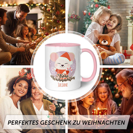 SEO. Bedruckte Tasse mit Weihnachtsmotiv - Weihnachtstiere mit Name - Weiß Linkreich