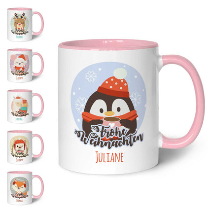 SEO. Bedruckte Tasse mit Weihnachtsmotiv - Weihnachtstiere mit Name - Rosa Linkreich