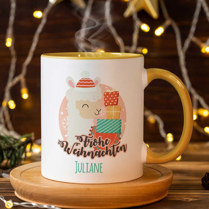 SEO. Bedruckte Tasse mit Weihnachtsmotiv - Weihnachtstiere mit Name - Weiß Linkreich