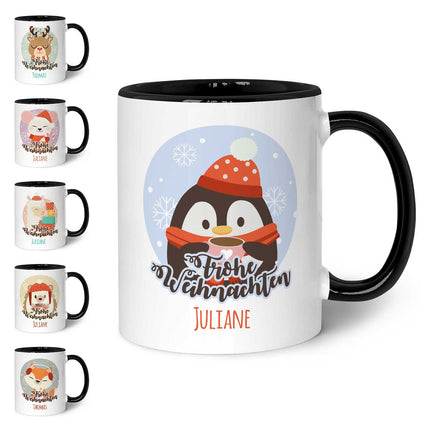 SEO. Bedruckte Tasse mit Weihnachtsmotiv - Weihnachtstiere mit Name - Schwarz & Weiß Linkreich