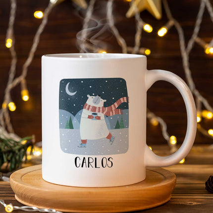 SEO. Bedruckte Tasse mit Weihnachtsmotiv - Winterfreuden mit Name - Weiß Linkreich