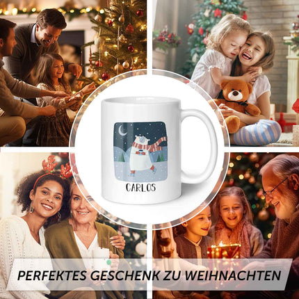 SEO. Bedruckte Tasse mit Weihnachtsmotiv - Winterfreuden mit Name - Weiß Linkreich