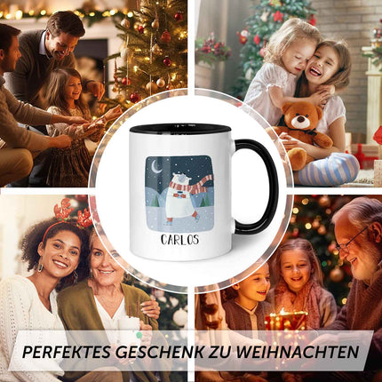SEO. Bedruckte Tasse mit Weihnachtsmotiv - Winterfreuden mit Name - Schwarz & Weiß Linkreich