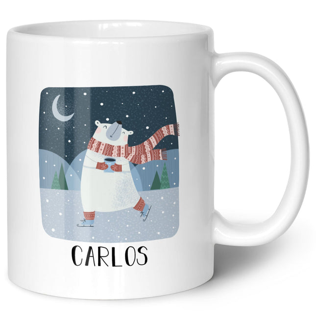 SEO. Bedruckte Tasse mit Weihnachtsmotiv - Winterfreuden mit Name - Weiß Linkreich