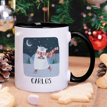 SEO. Bedruckte Tasse mit Weihnachtsmotiv - Winterfreuden mit Name - Schwarz & Weiß Linkreich