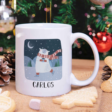 SEO. Bedruckte Tasse mit Weihnachtsmotiv - Winterfreuden mit Name - Weiß Linkreich