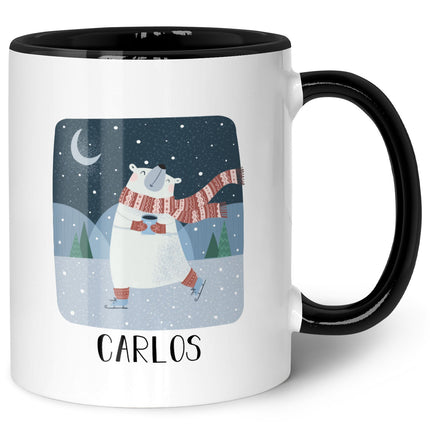 SEO. Bedruckte Tasse mit Weihnachtsmotiv - Winterfreuden mit Name - Schwarz & Weiß Linkreich