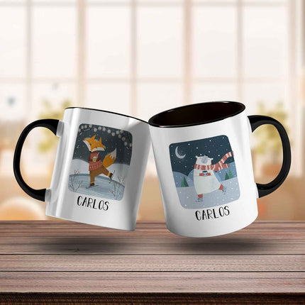 SEO. Bedruckte Tasse mit Weihnachtsmotiv - Winterfreuden mit Name - Schwarz & Weiß Linkreich