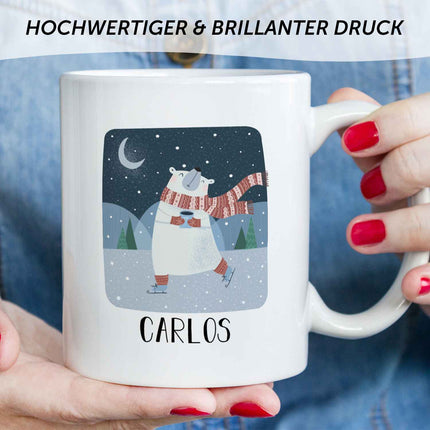 SEO. Bedruckte Tasse mit Weihnachtsmotiv - Winterfreuden mit Name - Weiß Linkreich