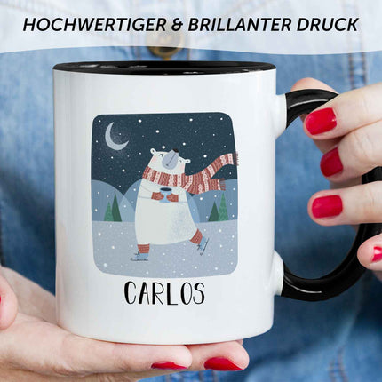 SEO. Bedruckte Tasse mit Weihnachtsmotiv - Winterfreuden mit Name - Schwarz & Weiß Linkreich