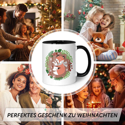 SEO. Bedruckte Tasse mit Weihnachtsmotiv - Winterfuchs - Schwarz & Weiß Linkreich