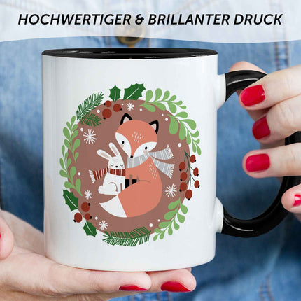 SEO. Bedruckte Tasse mit Weihnachtsmotiv - Winterfuchs - Schwarz & Weiß Linkreich