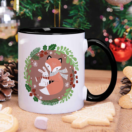 SEO. Bedruckte Tasse mit Weihnachtsmotiv - Winterfuchs - Schwarz & Weiß Linkreich