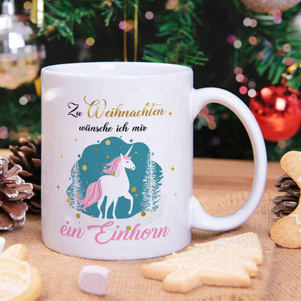 SEO. Bedruckte Tasse mit Weihnachtsmotiv - Zu Weihnachten wünsche ich mir ein Einhorn - Weiß Linkreich